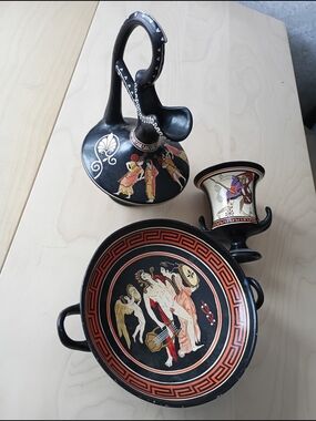 Handpainted Black Greek-Style Decorative Bowl, Pitcher And Goblet